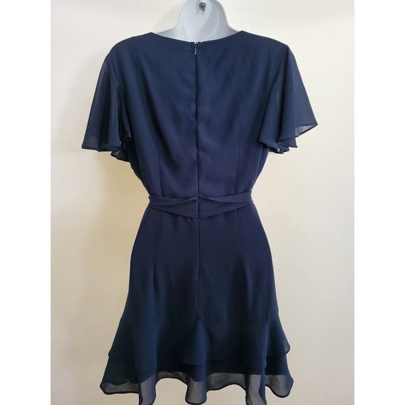 Lulus Navy Blue V-Neck Flutter Sleeve Tiered Ruffle Mini Dress with Tie Waist - Picture 4 of 5
